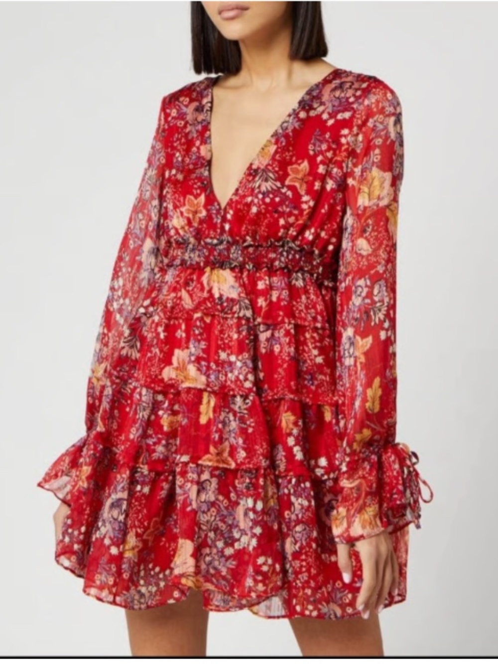 FREE PEOPLE "Closer to Your Heart" V-Neck Tiered Mini-Dress EUC/sz S - Picture 2 of 14